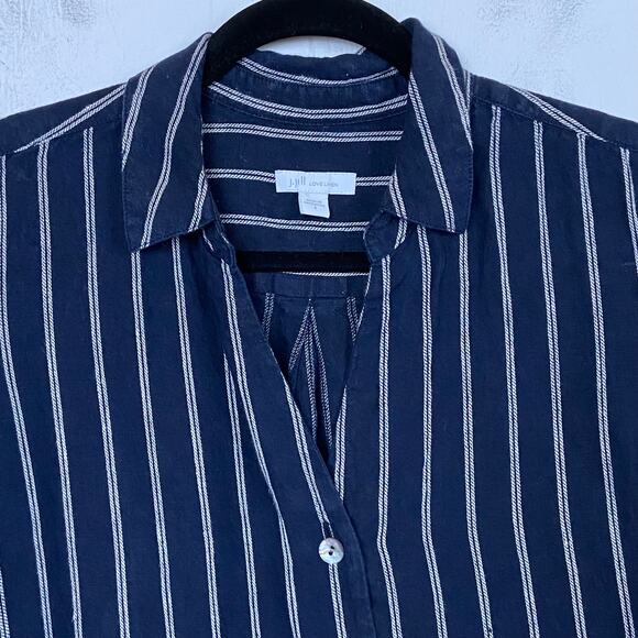 J. Jill Love Linen Navy Blue Striped Shift Dress Pockets Button Front Size Small - Picture 3 of 12